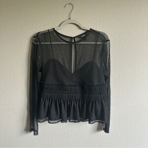 Express Black Mesh Polka Dot Long Sleeve Crop Top Large Petite